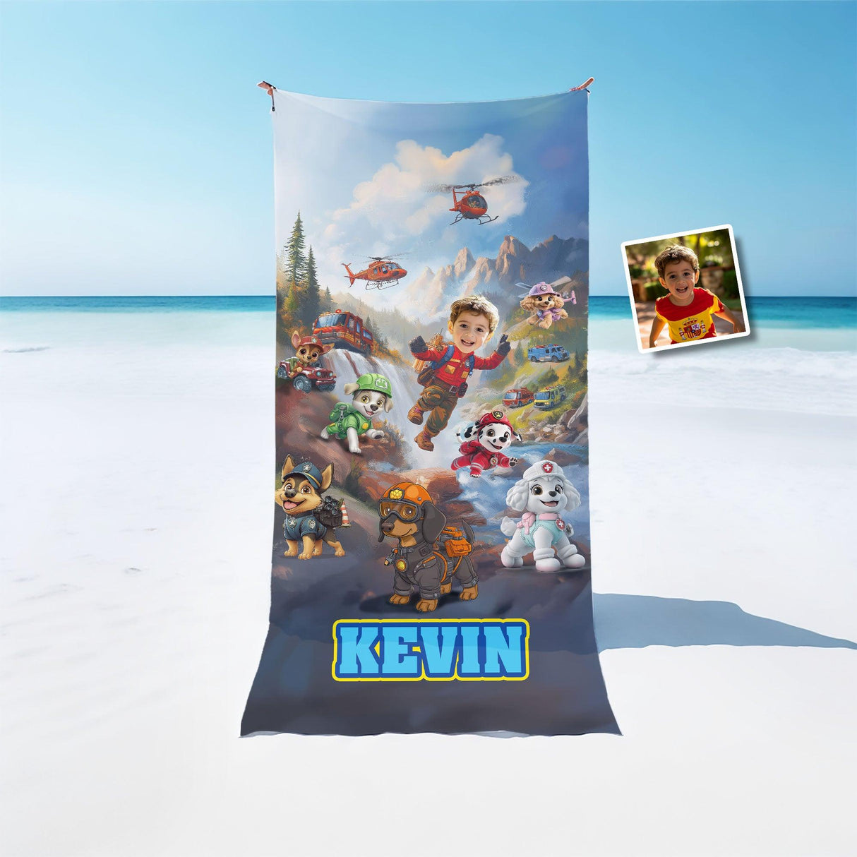 Personalized Face & Name Rescue Dogs Adventure Crew Boy Fall Winter Scene Beach Towel