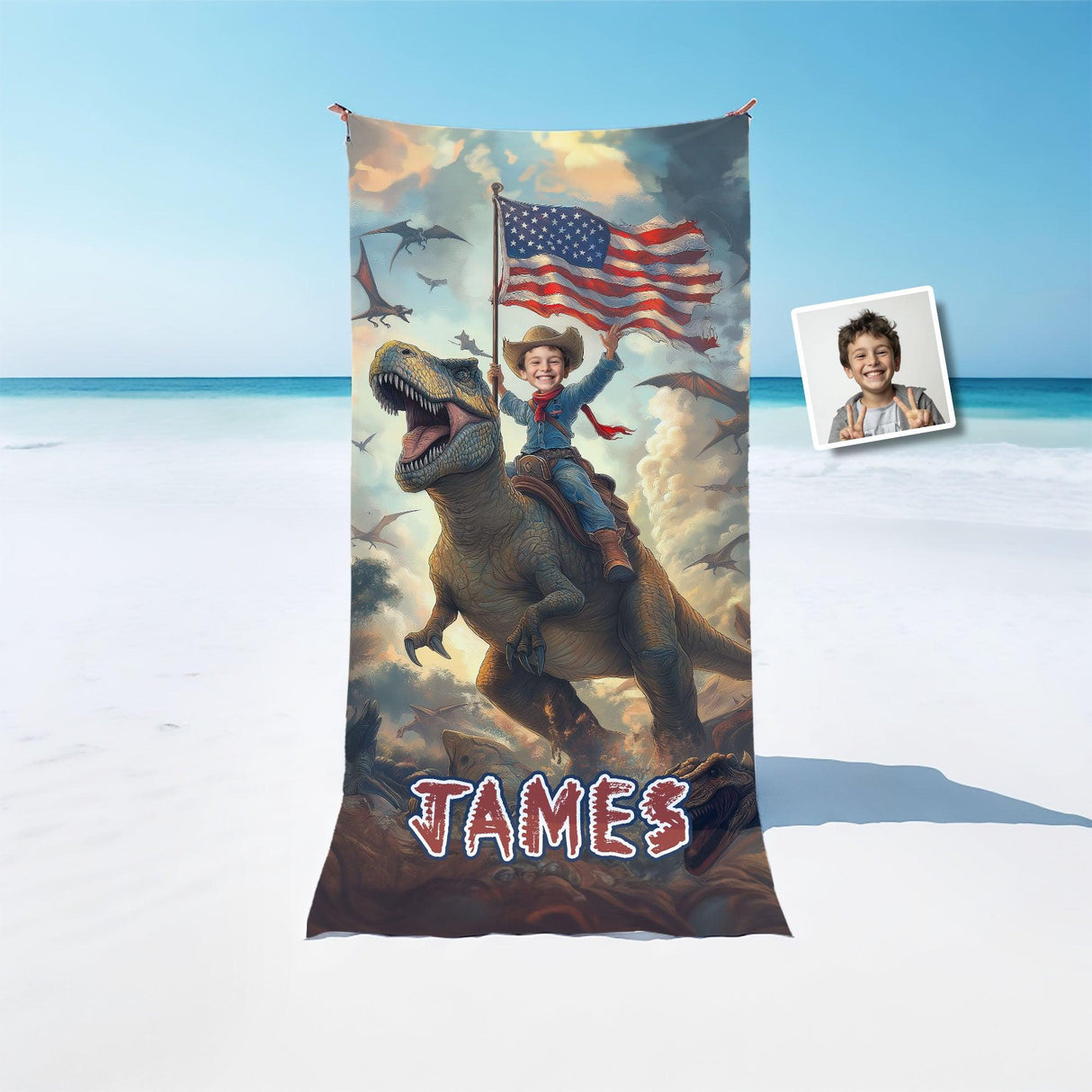 Personalized Face & Name Patriotic Boy Riding Dino With America Flag Beach Towel