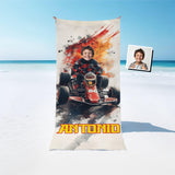 Personalized Face & Name Super Turbo Lightning Bolt Racer Grand Prix Cars Beach Towel