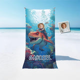 Personalized Face & Name Boy Riding Tylosaurus Dino Underwater Explorer Beach Towel