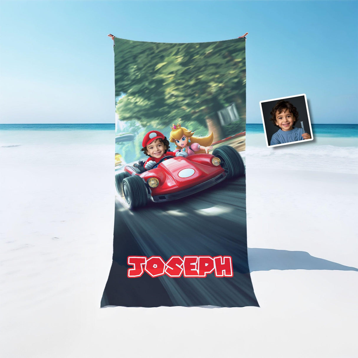 Personalized Face & Name Super Turbo Lightning Bolt Racer Grand Prix Kart Beach Towel