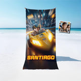 Personalized Face & Name Super Turbo Lightning Bolt Racer Grand Prix Yellow Car Beach Towel