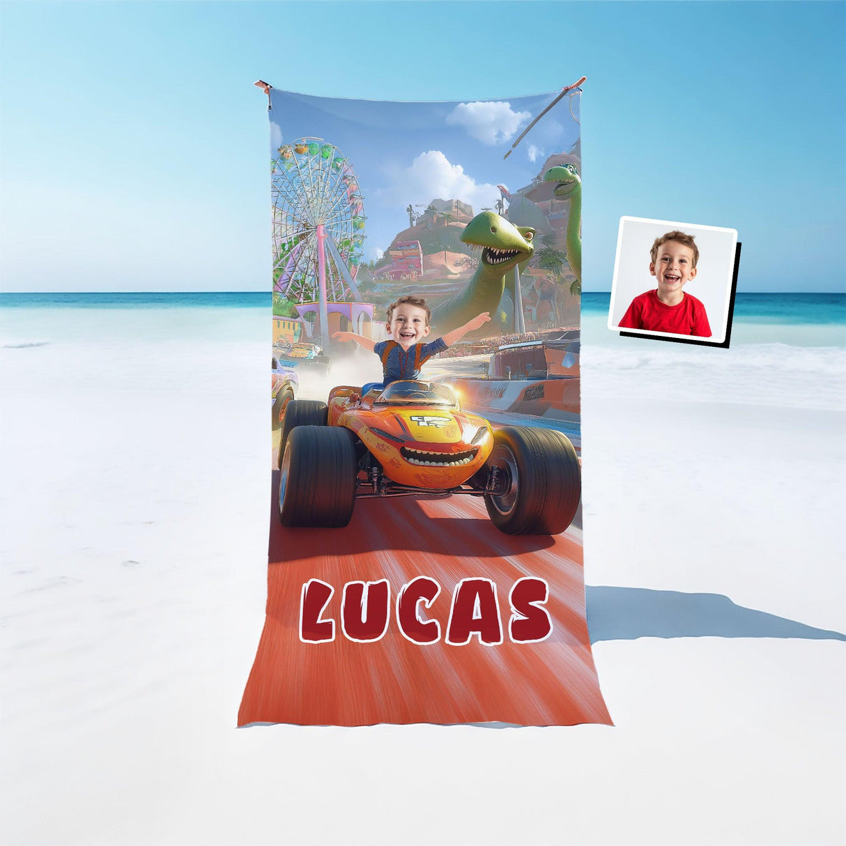 Personalized Face & Name Boy Riding Truck & Dino In Game Park Beach Towel