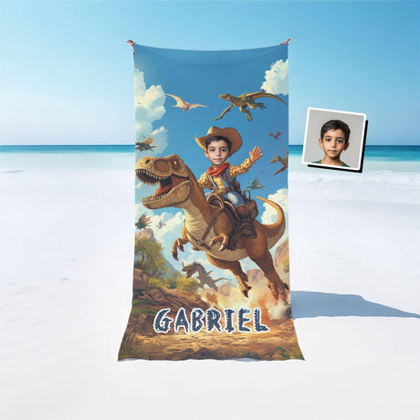 Personalized Face & Name Cowboy Woody Inspired Riding Dino in Jurassic Era Beach Towel