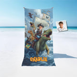 Personalized Face & Name Caribbean Pirate Boy & Dino: Ocean Adventure Explorer Beach Towel