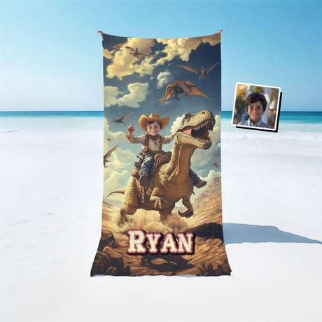 Personalized Face & Name Cowboy Riding Trex In Jurassic Era Beach Towel