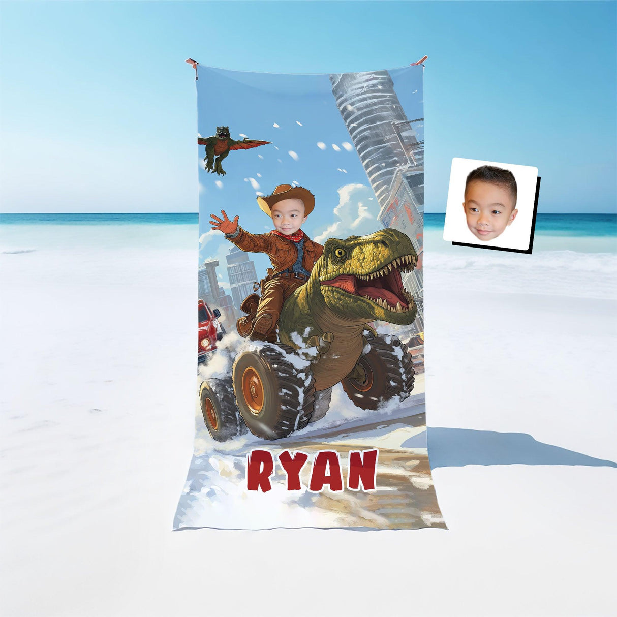 Personalized Face & Name Boy Riding Dino Truck In City Beach Towel