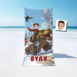 Personalized Face & Name Boy Riding Dino Truck In City Beach Towel