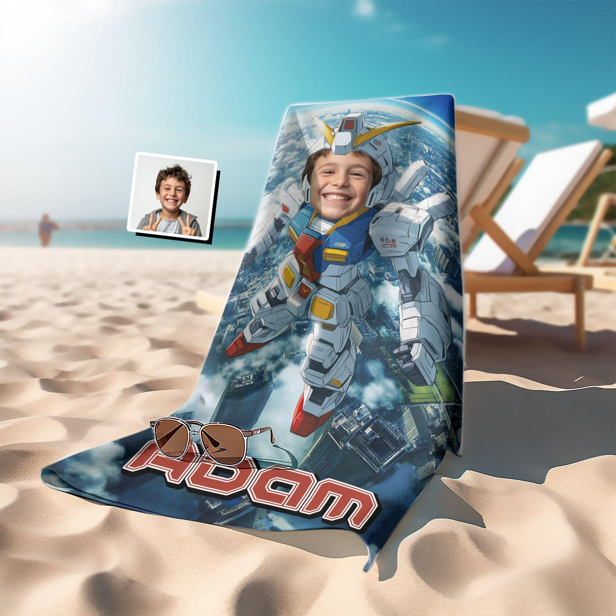 Personalized Face & Name Robot Boy Titan Frame Beach Towel