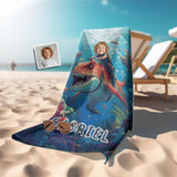 Personalized Face & Name Boy Riding Tylosaurus Dino Underwater Explorer Beach Towel