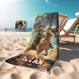 Personalized Face & Name Cowboy Riding Trex In Jurassic Era Beach Towel