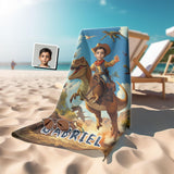 Personalized Face & Name Cowboy Woody Inspired Riding Dino in Jurassic Era Beach Towel