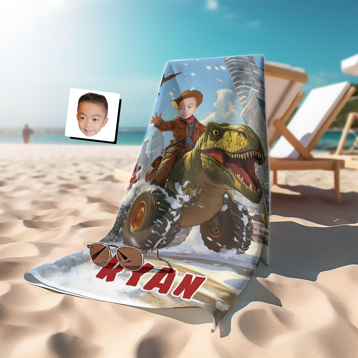 Personalized Face & Name Boy Riding Dino Truck In City Beach Towel