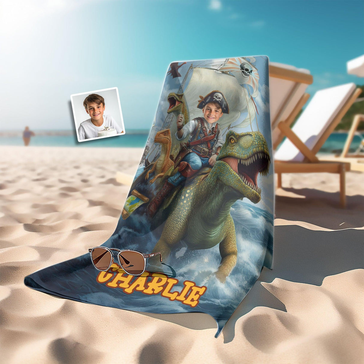 Personalized Face & Name Caribbean Pirate Boy & Dino: Ocean Adventure Explorer Beach Towel