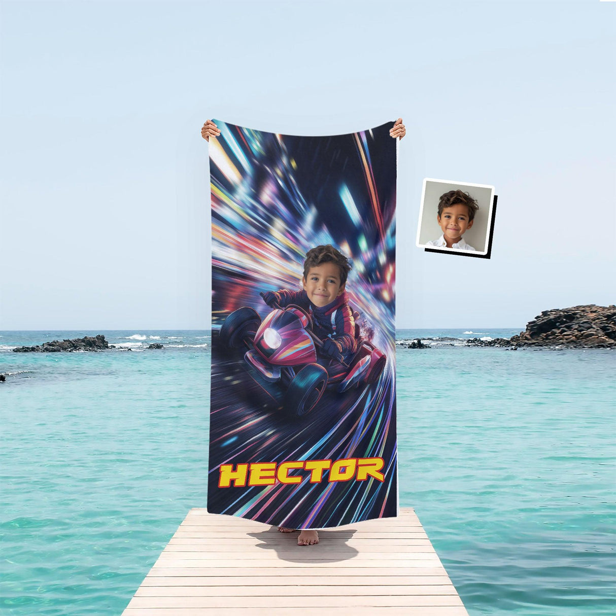 Personalized Face & Name Galaxy Road Super Turbo Lightning Cars Beach Towel