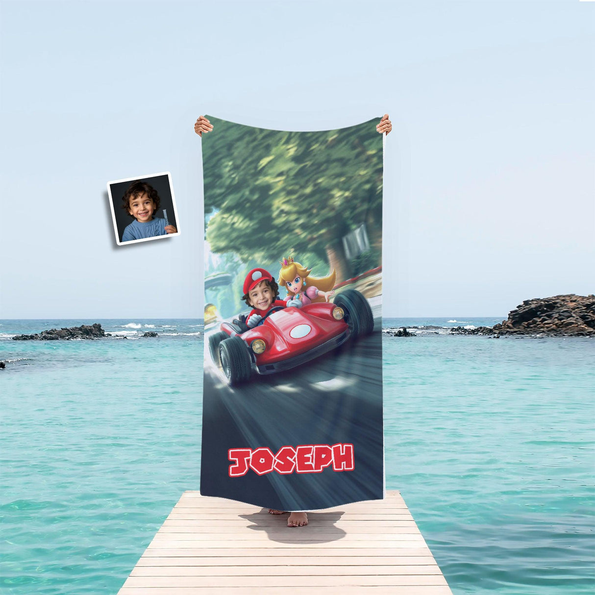 Personalized Face & Name Super Turbo Lightning Bolt Racer Grand Prix Kart Beach Towel