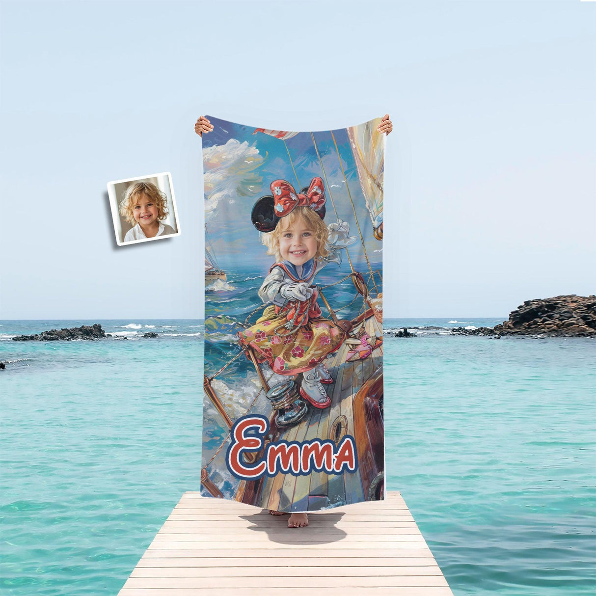 Personalized Face & Name Cartoon Mouse Cosplay Sailing Day Girl Photo Beach Towel