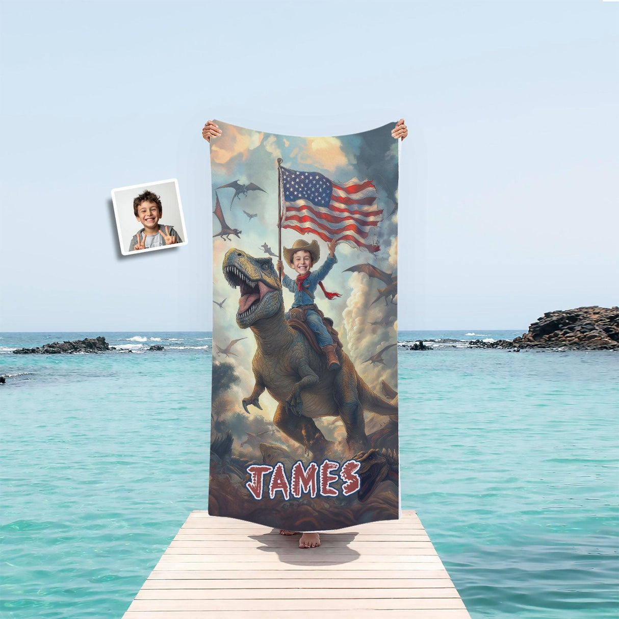 Personalized Face & Name Patriotic Boy Riding Dino With America Flag Beach Towel