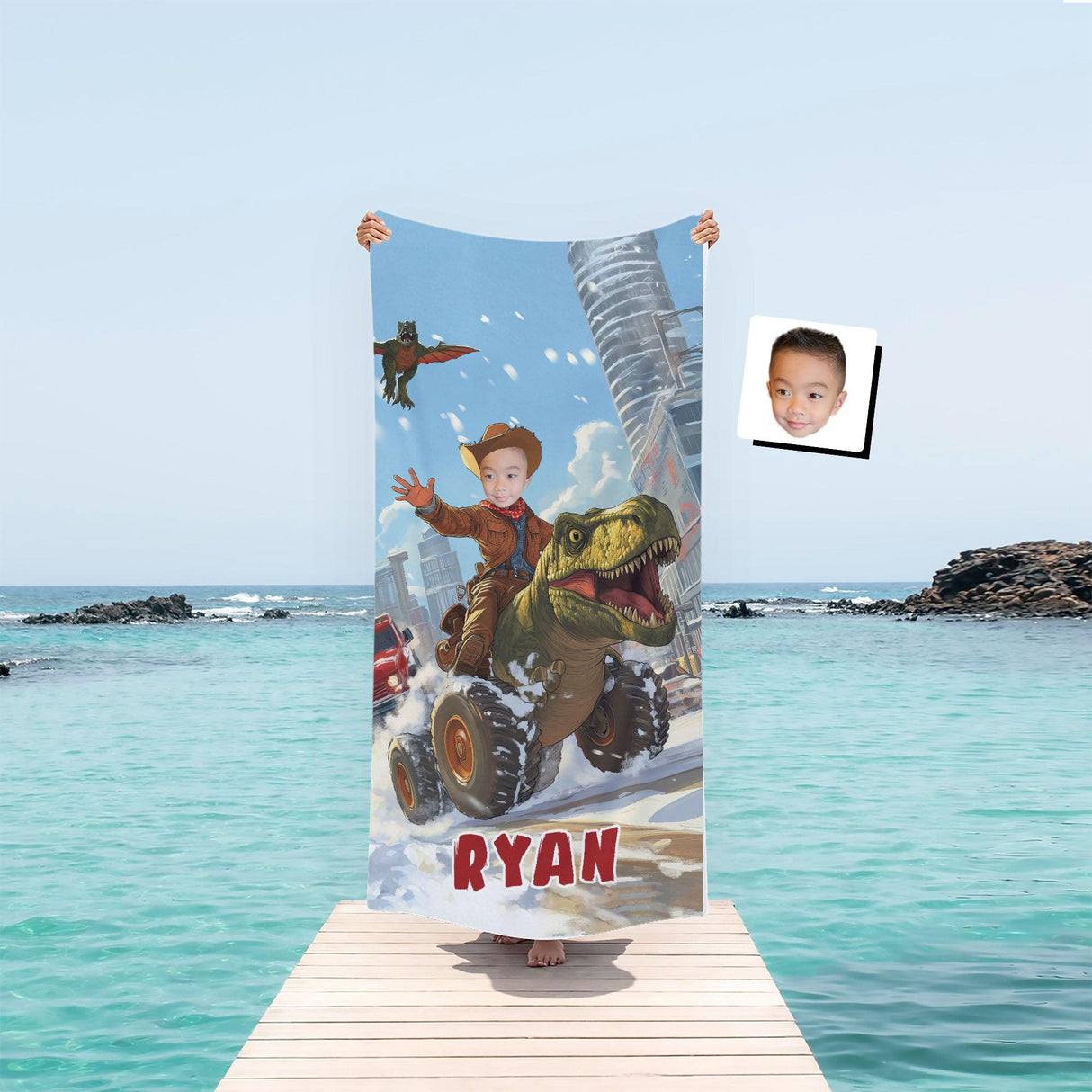 Personalized Face & Name Boy Riding Dino Truck In City Beach Towel