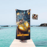 Personalized Face & Name Super Turbo Lightning Bolt Racer Grand Prix Yellow Car Beach Towel