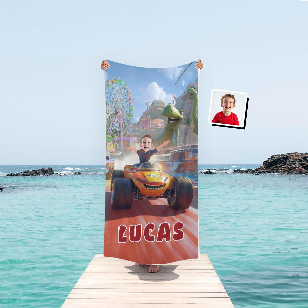 Personalized Face & Name Boy Riding Truck & Dino In Game Park Beach Towel