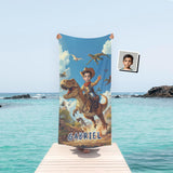 Personalized Face & Name Cowboy Woody Inspired Riding Dino in Jurassic Era Beach Towel