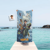 Personalized Face & Name Caribbean Pirate Boy & Dino: Ocean Adventure Explorer Beach Towel