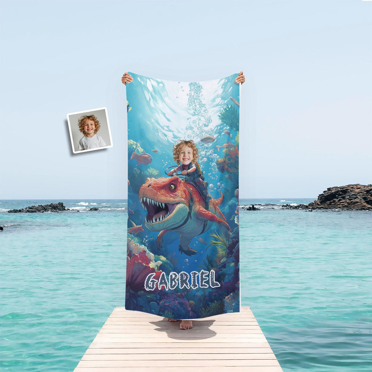 Personalized Face & Name Boy Riding Tylosaurus Dino Underwater Explorer Beach Towel