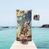 Personalized Face & Name Cowboy Riding Trex In Jurassic Era Beach Towel