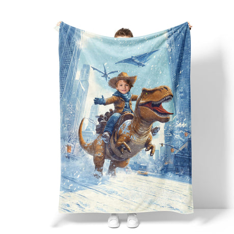 Personalized Face & Name Cowboy Riding Trex In Winter New York City Part Blanket