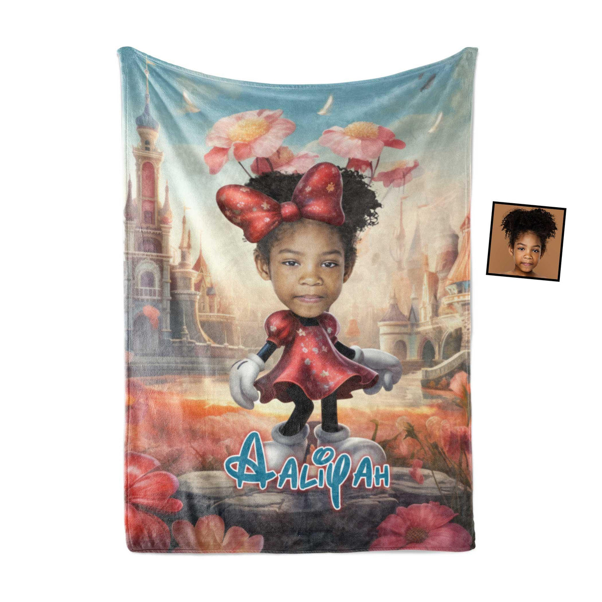 Personamized Face & Name Cartoon Mouse Cosplay Red Dress Castle Blanket