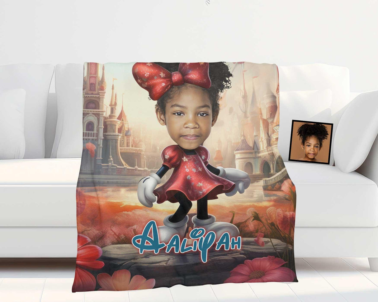 Personamized Face & Name Cartoon Mouse Cosplay Red Dress Castle Blanket