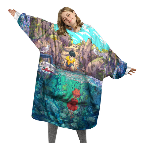 Personalized Snug Oversized Sherpa Wearable Ponyo On The Cliff Hoodie Blanket