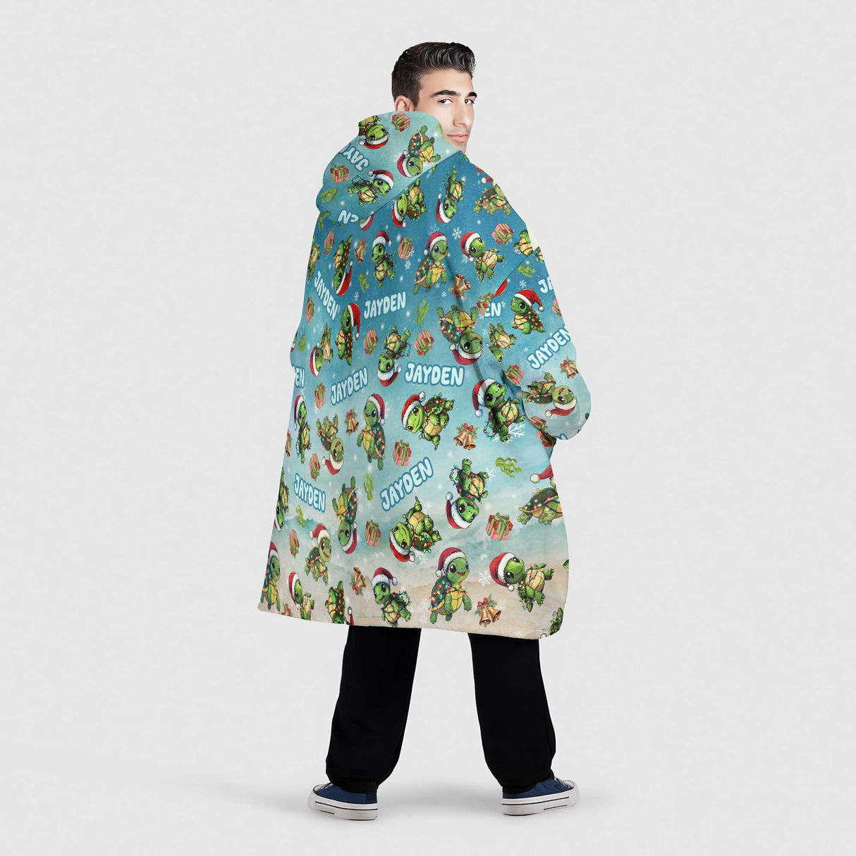 Personalized Christmas Turtle Snug Oversized Wearable Hoodie Blanket