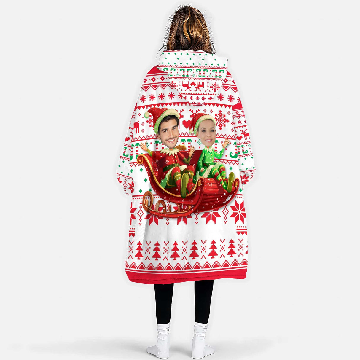 Personalized Face & Name ELF Christmas Couple Snug Oversized Wearable Hoodie Blanket