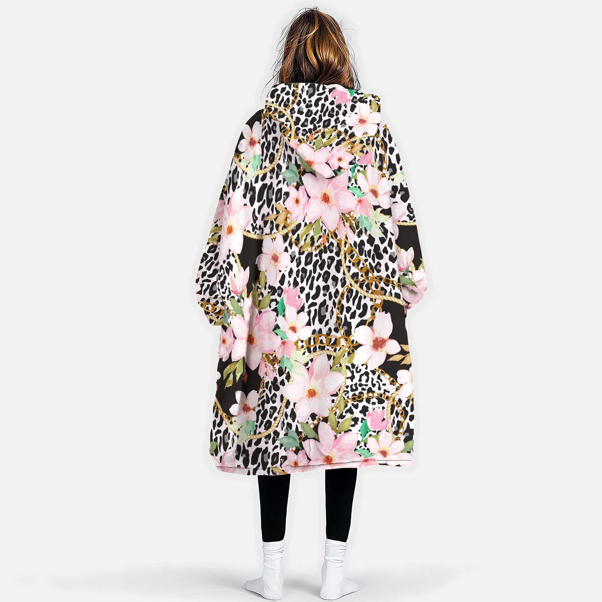 Personalized Animal Leopard And Flowers Snug Oversized Wearable Hoodie Blanket