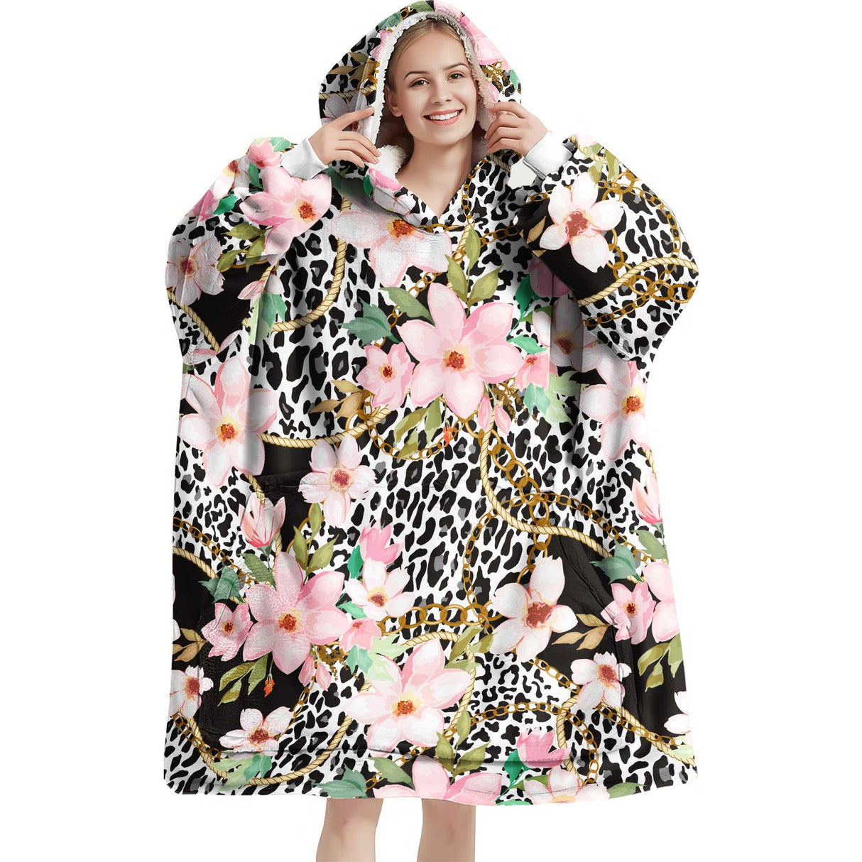 Personalized Animal Leopard And Flowers Snug Oversized Wearable Hoodie Blanket