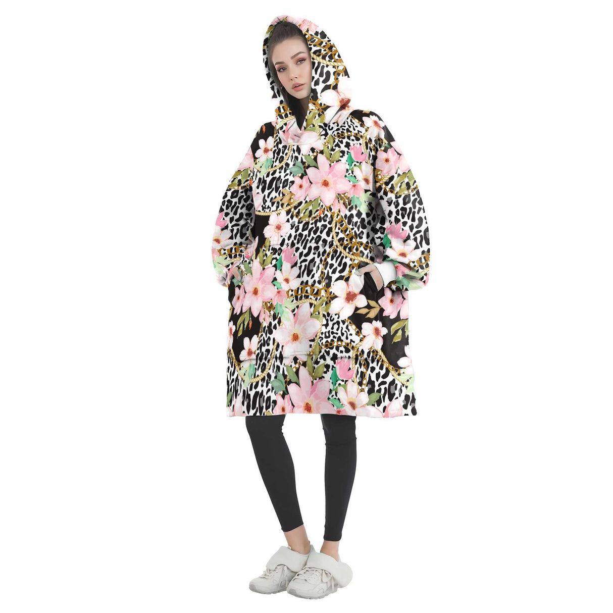 Personalized Animal Leopard And Flowers Snug Oversized Wearable Hoodie Blanket