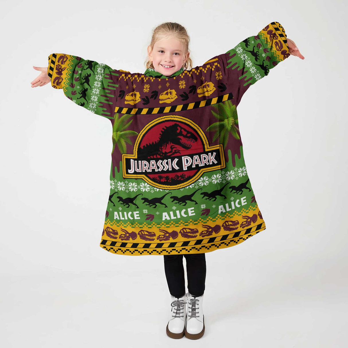 Personalized Jujrassic Park Christmas Dinosaur Snug Oversized Wearable Hoodie Blanket