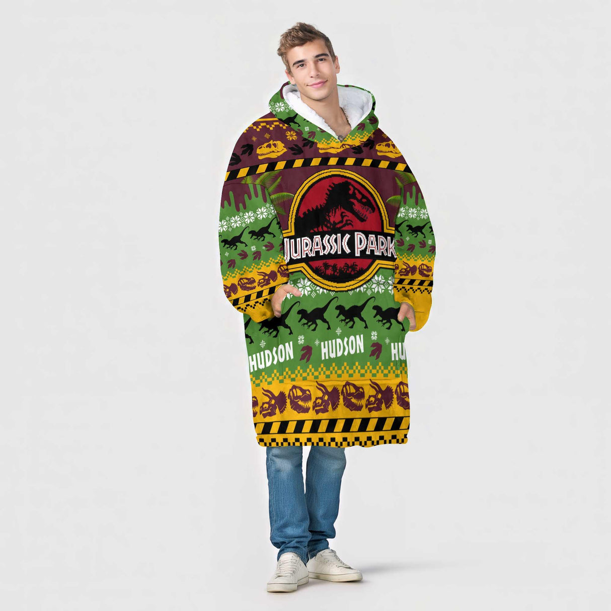 Personalized Jujrassic Park Christmas Dinosaur Snug Oversized Wearable Hoodie Blanket