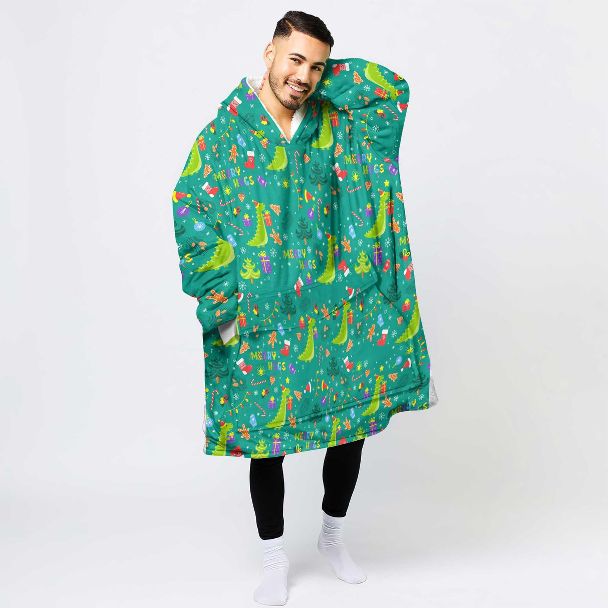 Personalized Christmas Dino Snug Oversized Wearable Hoodie Blanket