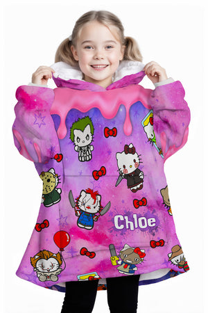 Personalized Snug Sherpa Oversized Wearable Hello Kittie Horror Movie Characters Halloween Hoodie Blanket