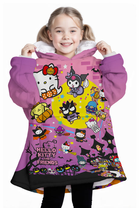 Personalized Snug Sherpa Oversized Wearable Halloween Cartoon Kittie And Friends Hoodie Blanket