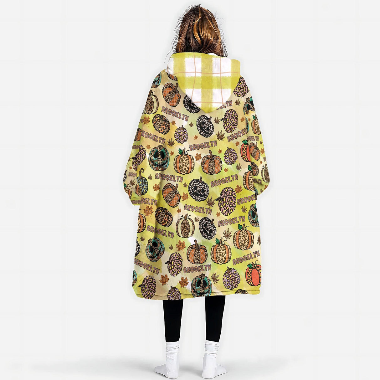 Personalized Halloween Gold Pumpkin Leopard Snug Oversized Wearable Hoodie Blanket