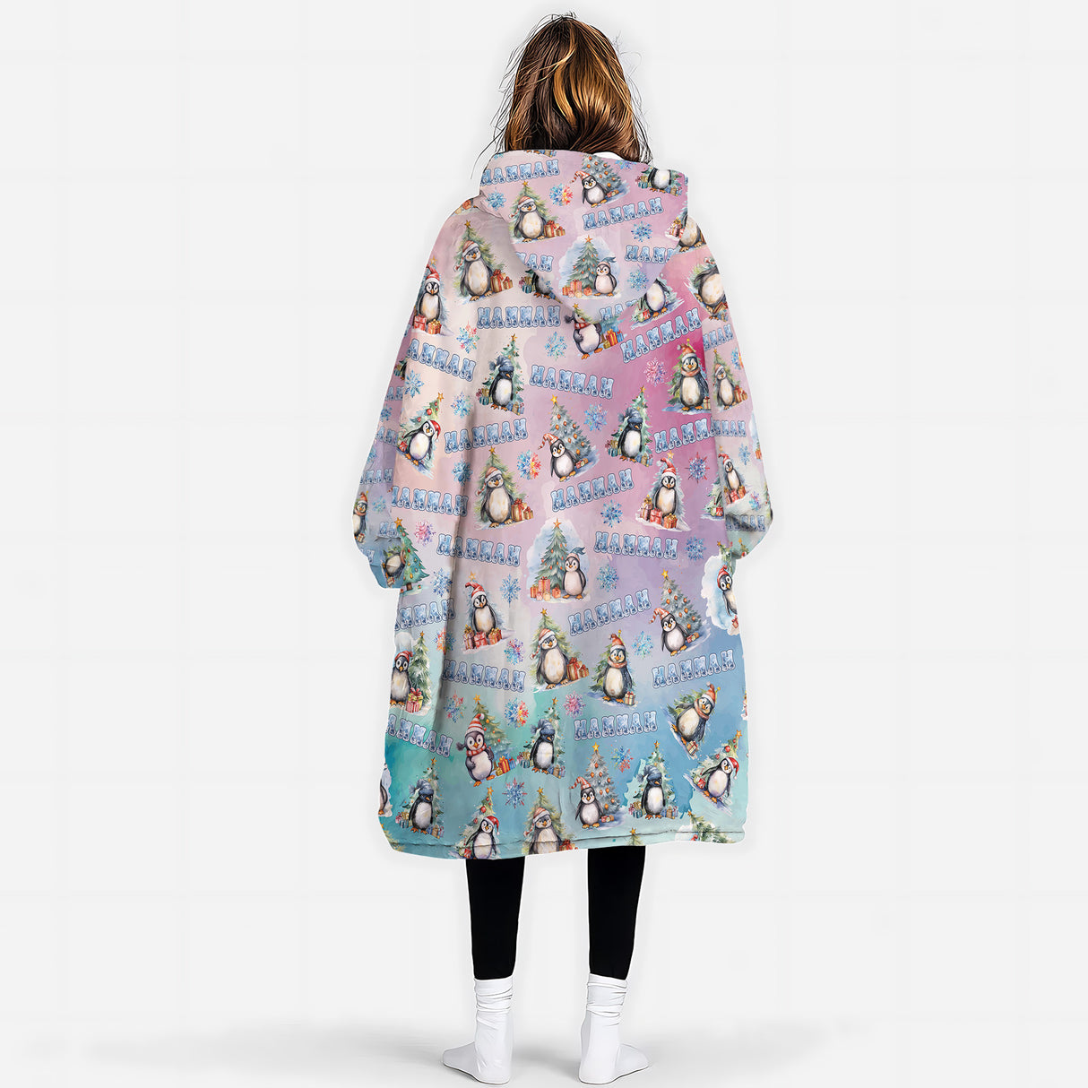 Personalized Christmas Penguin Sublimation Snug Oversized Wearable Hoodie Blanket