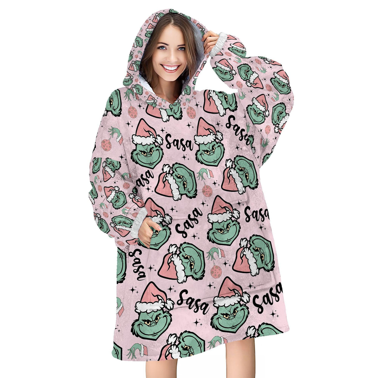 Personalized Pink Mean One Xmas Snug Oversized Wearable Hoodie Blanket