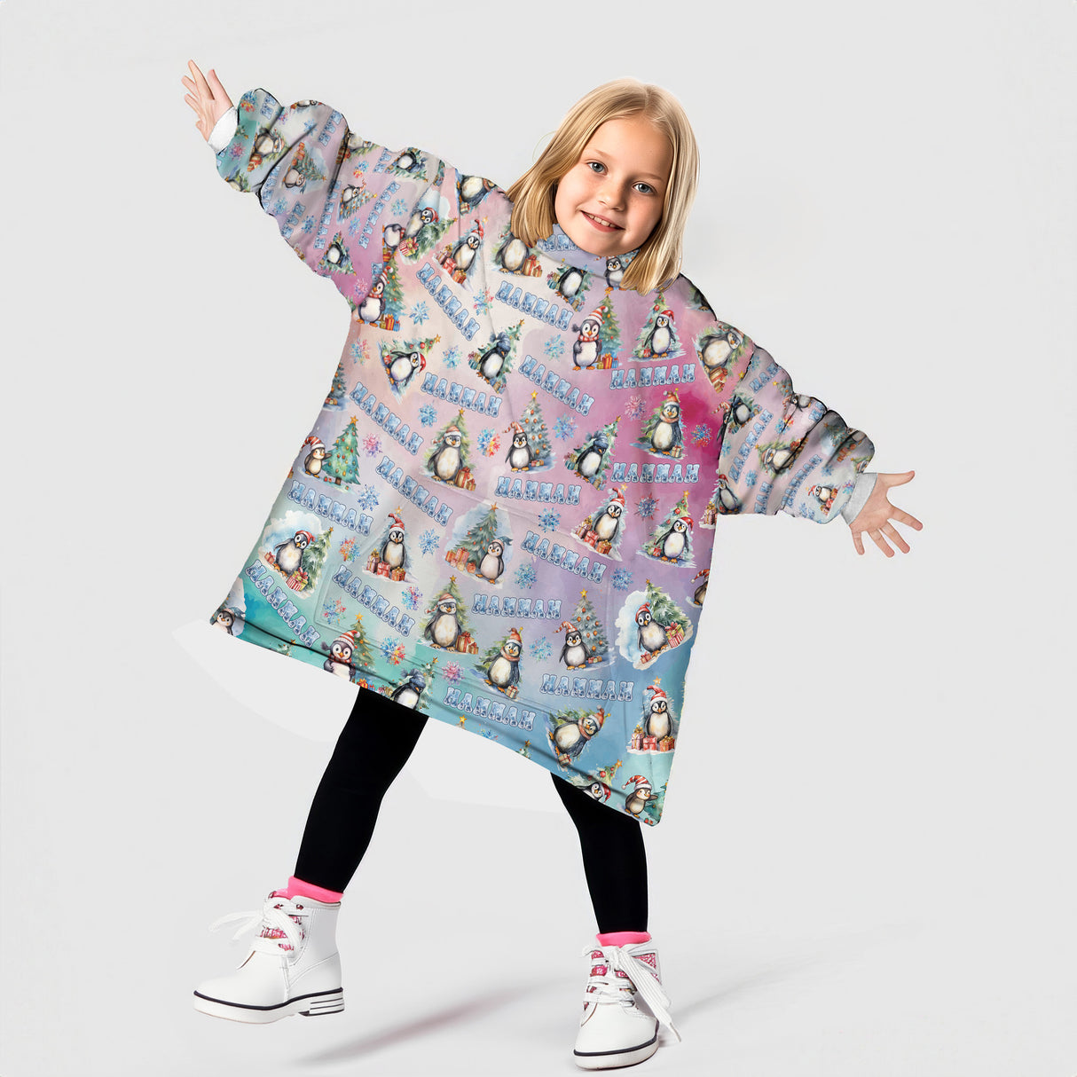 Personalized Christmas Penguin Sublimation Snug Oversized Wearable Hoodie Blanket