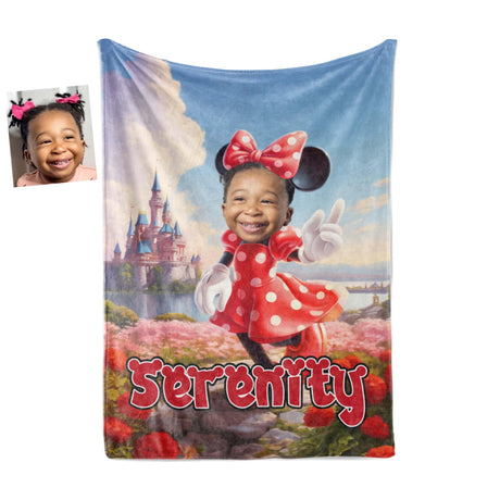 Personamized Face & Name Cartoon Mouse Cosplay Mini Castle Polka Dot Red Dress Blanket