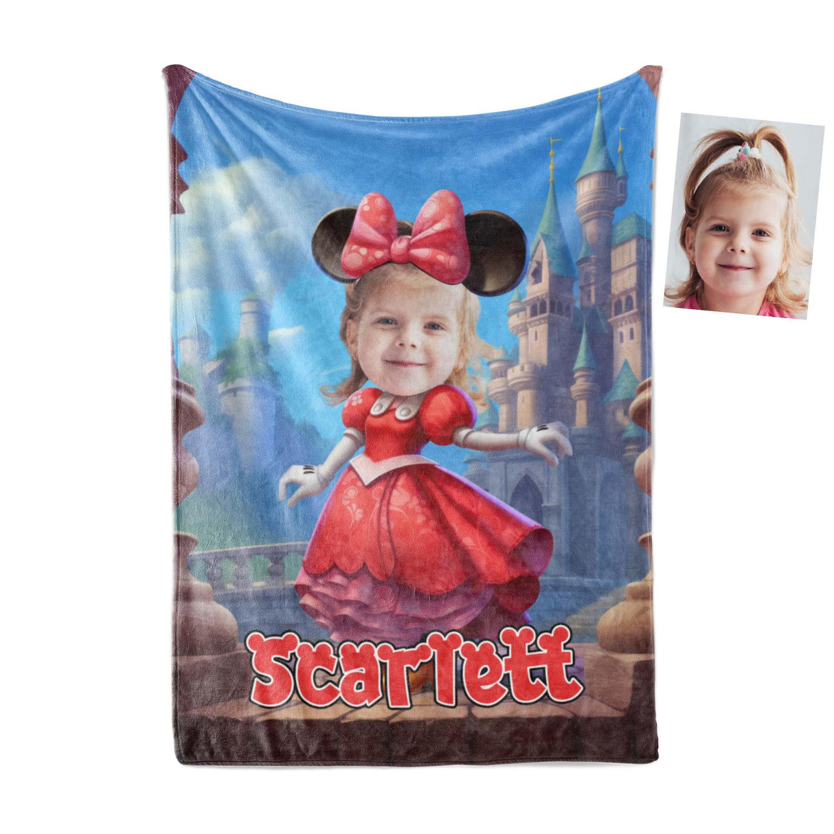 Personamized Face & Name Cartoon Mouse Cosplay Mini Castle Red Dress Blanket