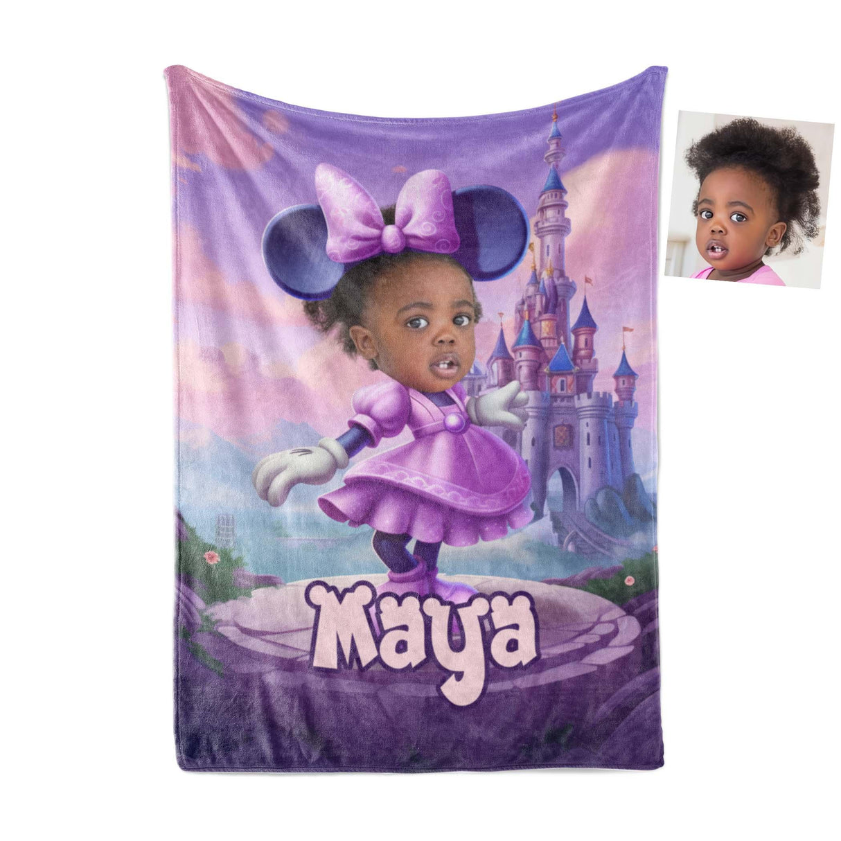 Personamized Face & Name Cartoon Mouse Cosplay Mini Castle Purple Dress Blanket